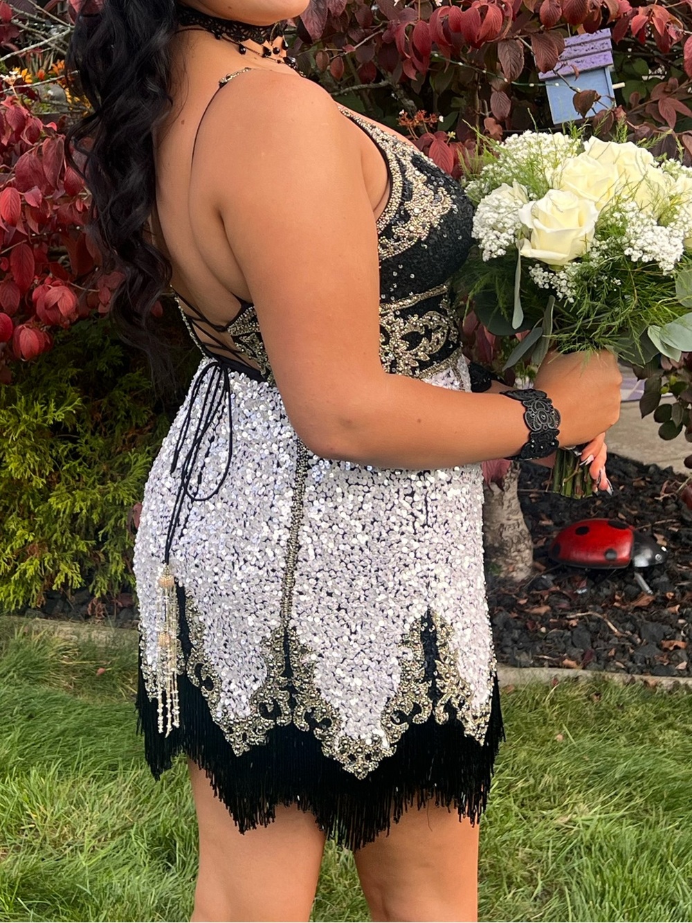 Sequin & Lace Mini Dress in Silver and Black - Picture 4 of 7